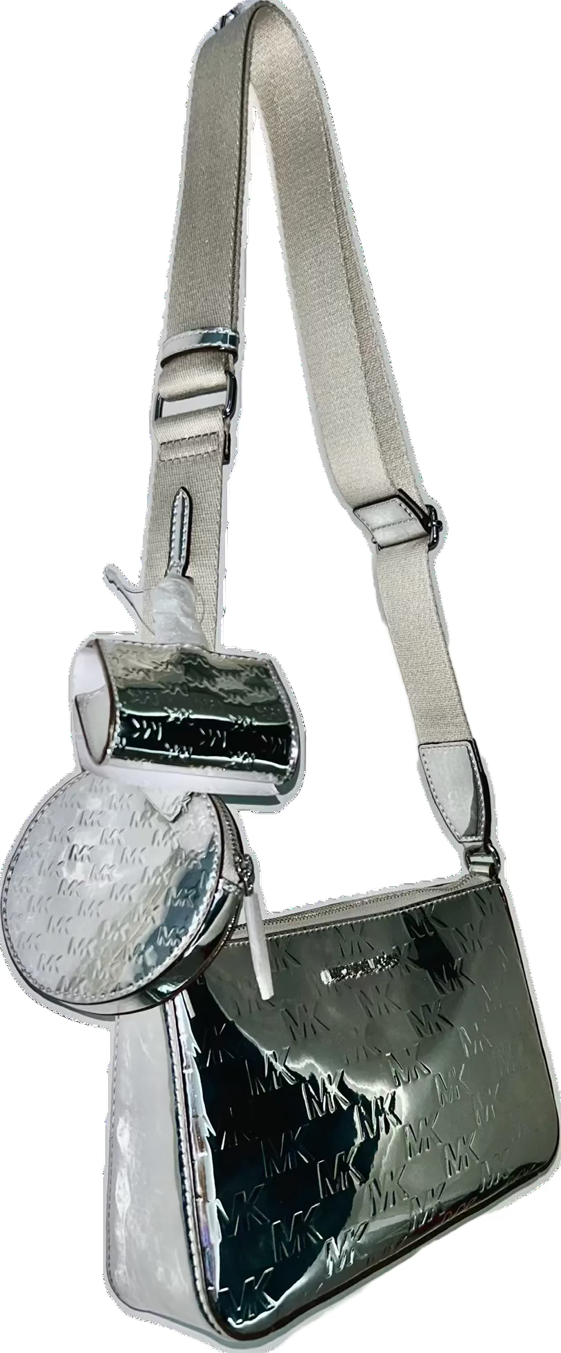 Michael Kors Jet Set SM Patent Logo Debossed Crossbody Bag Airpods Case Silver